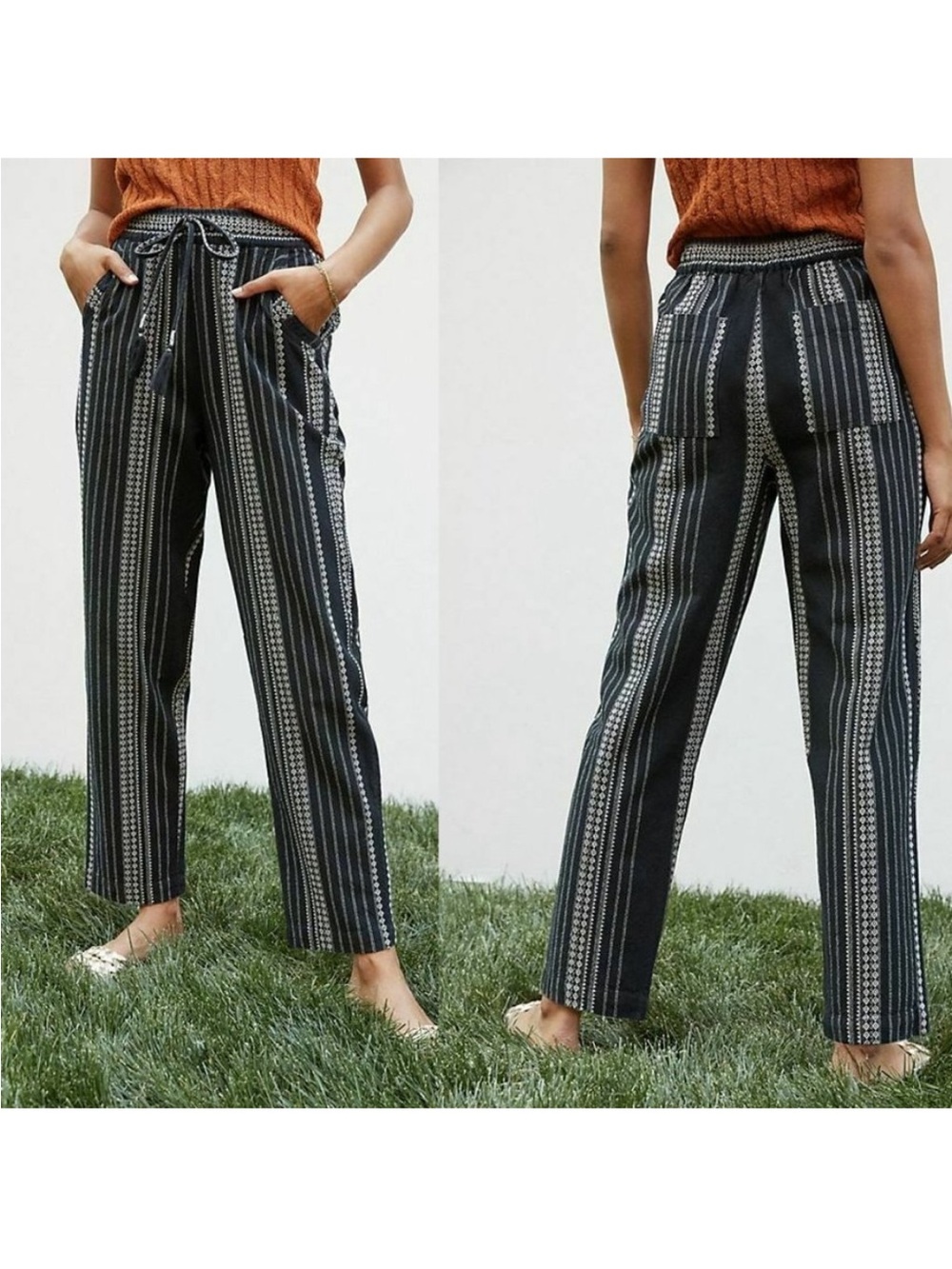 Anthropologie Boho Tassel Embroidered Beach Pants small Breezy Cotton Viscose